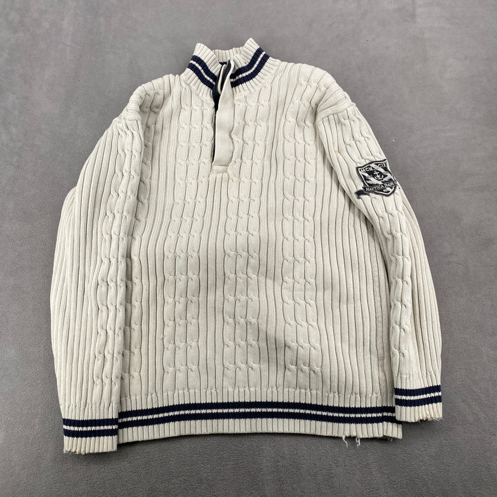 Nautica Jeans Co Mens 2X Distressed Vintage Knit Full Zip Cardigan Sweater Cream